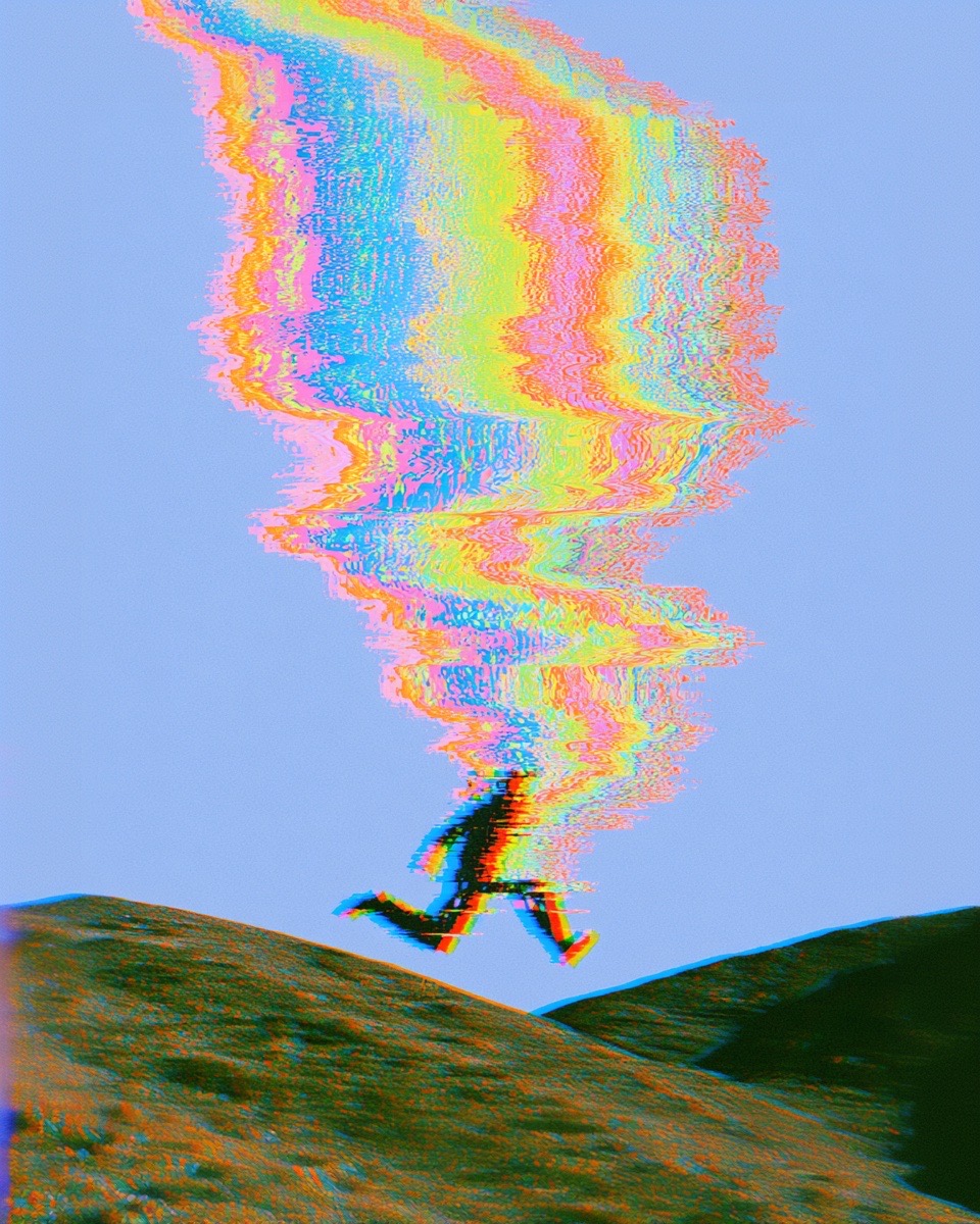 John walking beneath a bright, glitch-like cloud of colour